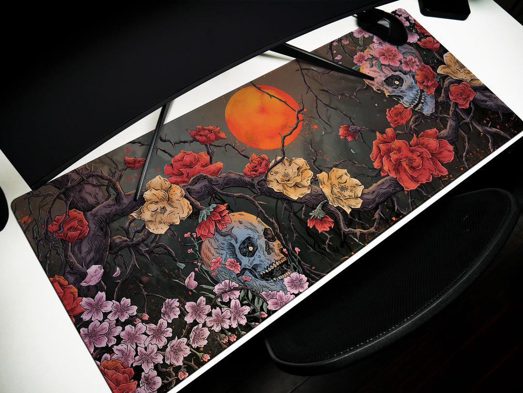 Bloom of Shadows, Desk Pad, Mouse Pad, Desk Mat, Floral Skull Art, Surreal Sunset, Nature and Decay Fusion, Artistic Office Decor